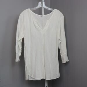 Subtle Tones Linen Tunic Top White Raw Hem Pullover S/M Made in USA